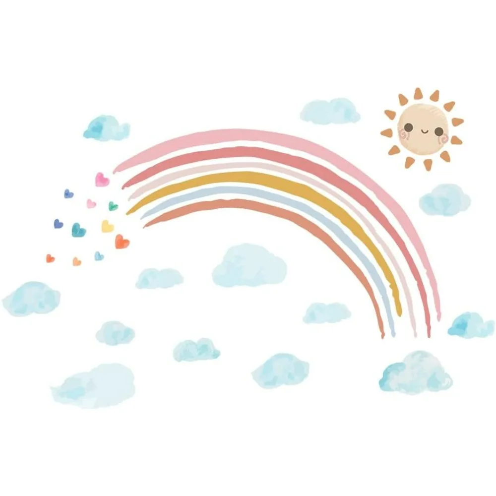 Rainbow and Boho Kids Wall Stickers Sun Clouds Wall Decals Peel and Stick Removable Colorful Wall Stickers for Kids Bedroom