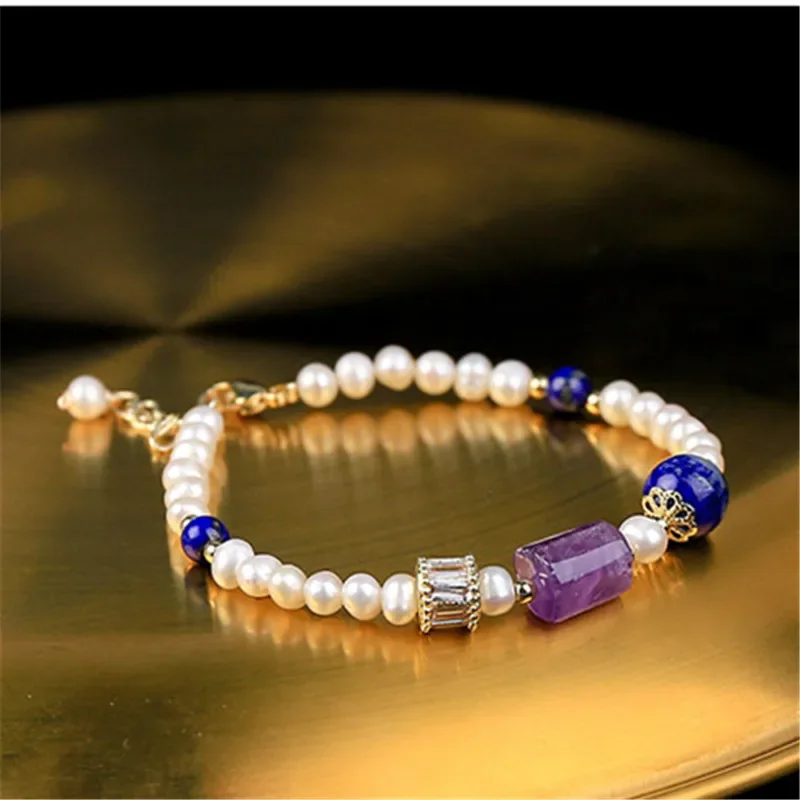 

Natural Stone Freshwater Pearl Blue Spar Inlaid Zircon Adjustable Bracelet Amethyst Women Gift Yoga Healing Jewelry Wholesale