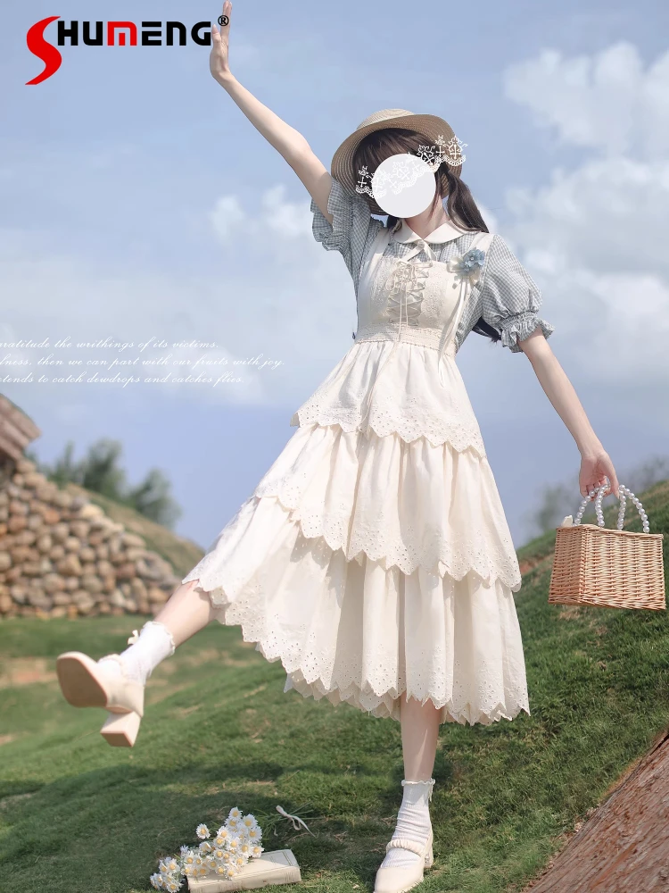 

Elegant Retro Lolita Dress Set Doll Collar Puff Sleeve Plaid Shirt Blouse Sleeveless Lace Up Bow Long Dress Two-piece Sets Women