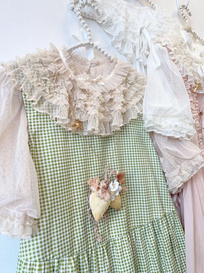 Japanese Rojita Sweet Style Short Sleeved Dot Gauze Stand Collar Puff Sleeves Inner Shirt Pullover Top Y2k Kawaii Blouse Ladies