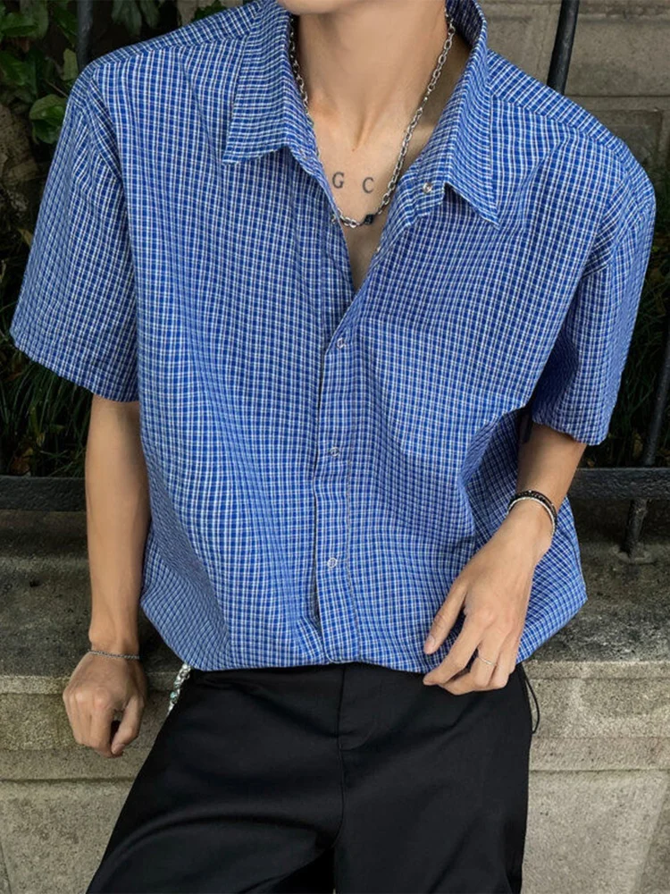 

Blue Plaid ort Sve irt Men's Loose Fit Summer Thin Sle Retro irt Cleanfit Top Faionable And Haome