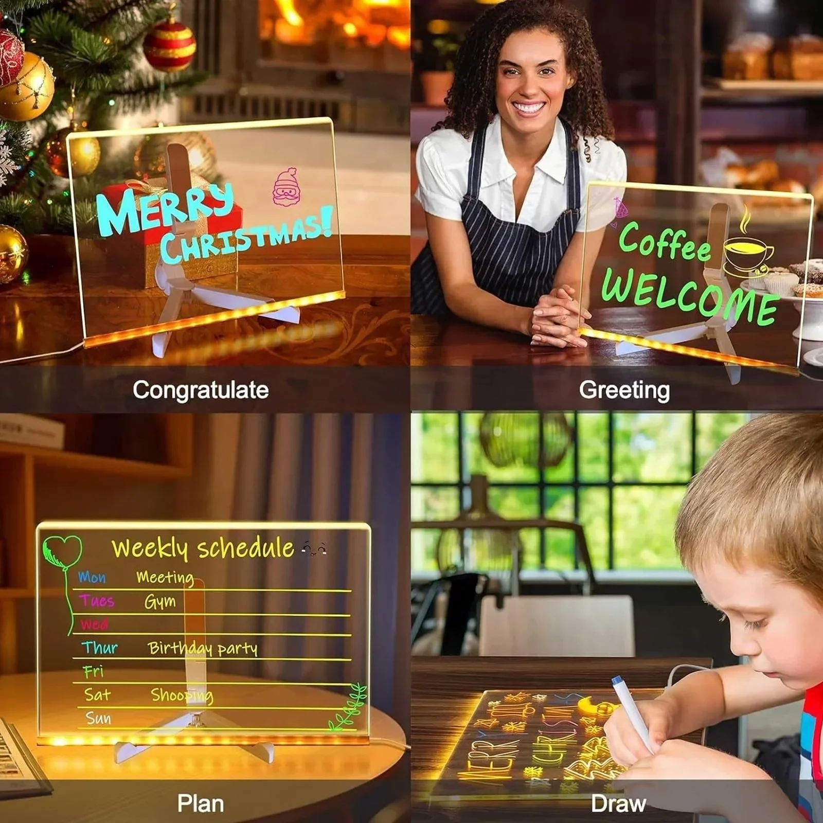 لوحة رسائل مضيئة بإضاءة LED من الأكريليك، سبورة بيضاء قابلة للمسح، 7 أقلام للإعلان المكتبي لديكور المنزل