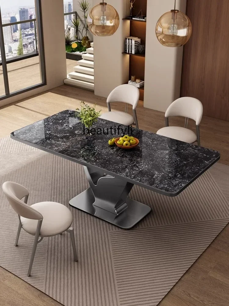 Mesa de comedor de lujo ligera de estilo italiano, placa de piedra gruesa minimalista de alta gama, piedra de lujo brillante Rectangular de acero inoxidable