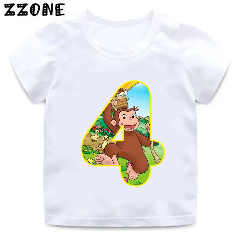 Curious George Cute Monkey Print Cartoon Boys Clothes 1 2 3 4 5 6 7 8 9 Years Birthday Number Kids T shirt Baby Girls T-Shirts