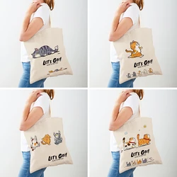 Let's Go Cartoon Cat Women Shopper Bags Tote Double Print Glad to See You Animal Shoulder Handbag Shopping Bag Children Gift