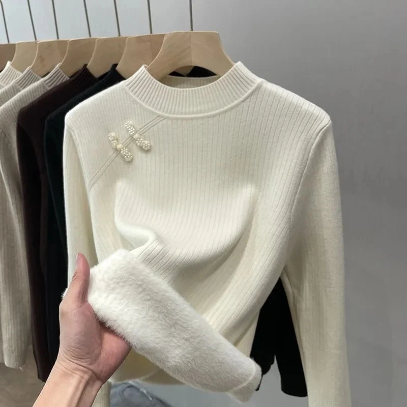 Warm Sweater Pullover Winter Soft Knit Tops Women Slim Thicke Plush Velvet Lined Knitwear Jumper Korea Half Turtleneck Knit Tops