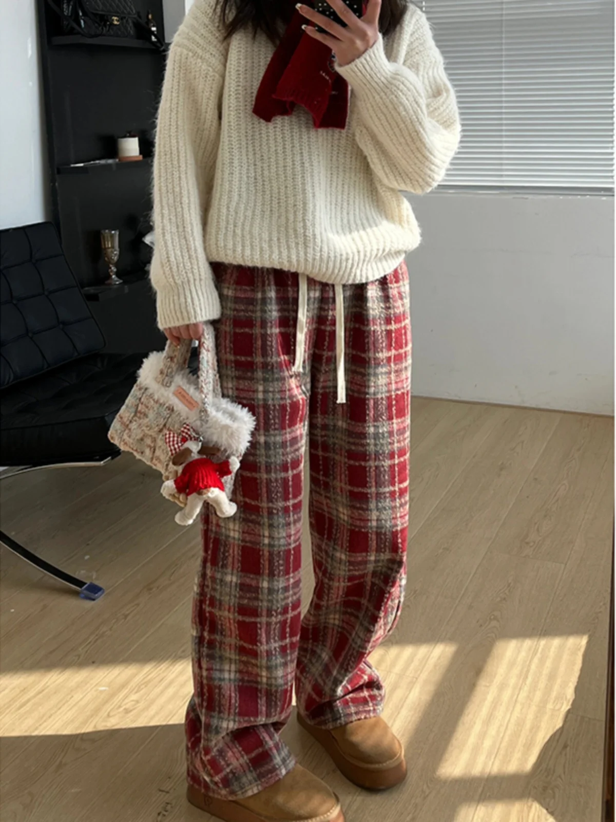 

Зимние повседневные брюки в клетку Thiened Fce, мужские прямые брюки с широкими штанинами, красные брюки Cisas в стиле ретро American Sle