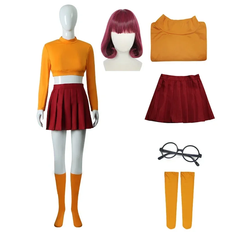 Velma Anime Cosplay Uniforme para Mulheres, Top Laranja, Saia Vermelha, Meias, Óculos, Peruca, Festa de Halloween, Conjunto de Carnaval, Fantasia de Meninas