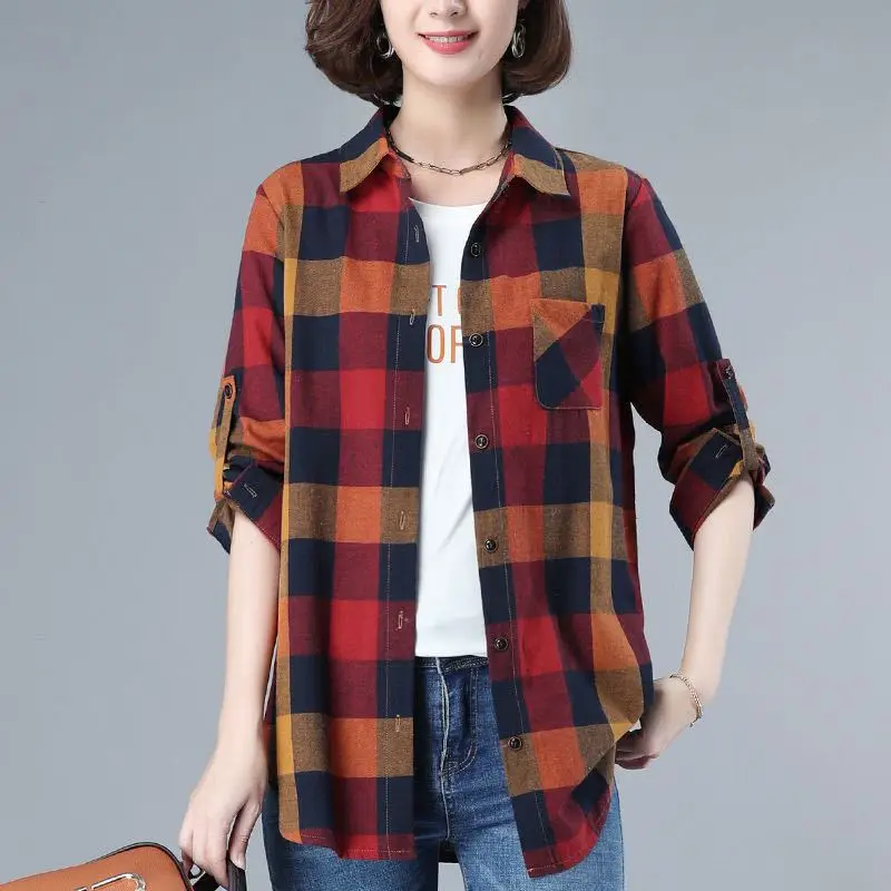 Stylish Spliced Pockets Asymmetrical Lattice Shirt Women\'s Clothing 2022 Autumn New Oversized Casual Tops Loose Korean Blouse