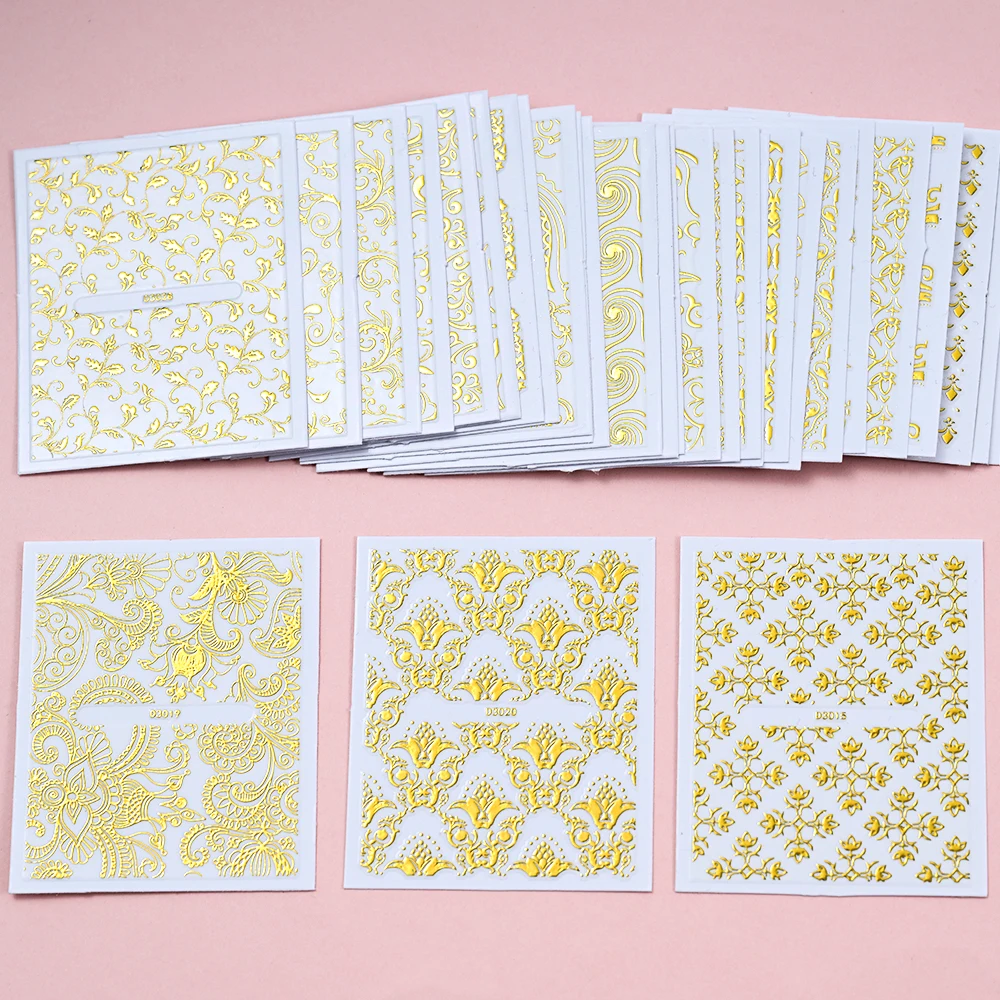 30 Sheets Gold Metallic Flowers Vine Nail Art Decals  3D Lace Flower Nail Sticker Self-Adhesive Nail Art Decoration 5.5*6.5cm