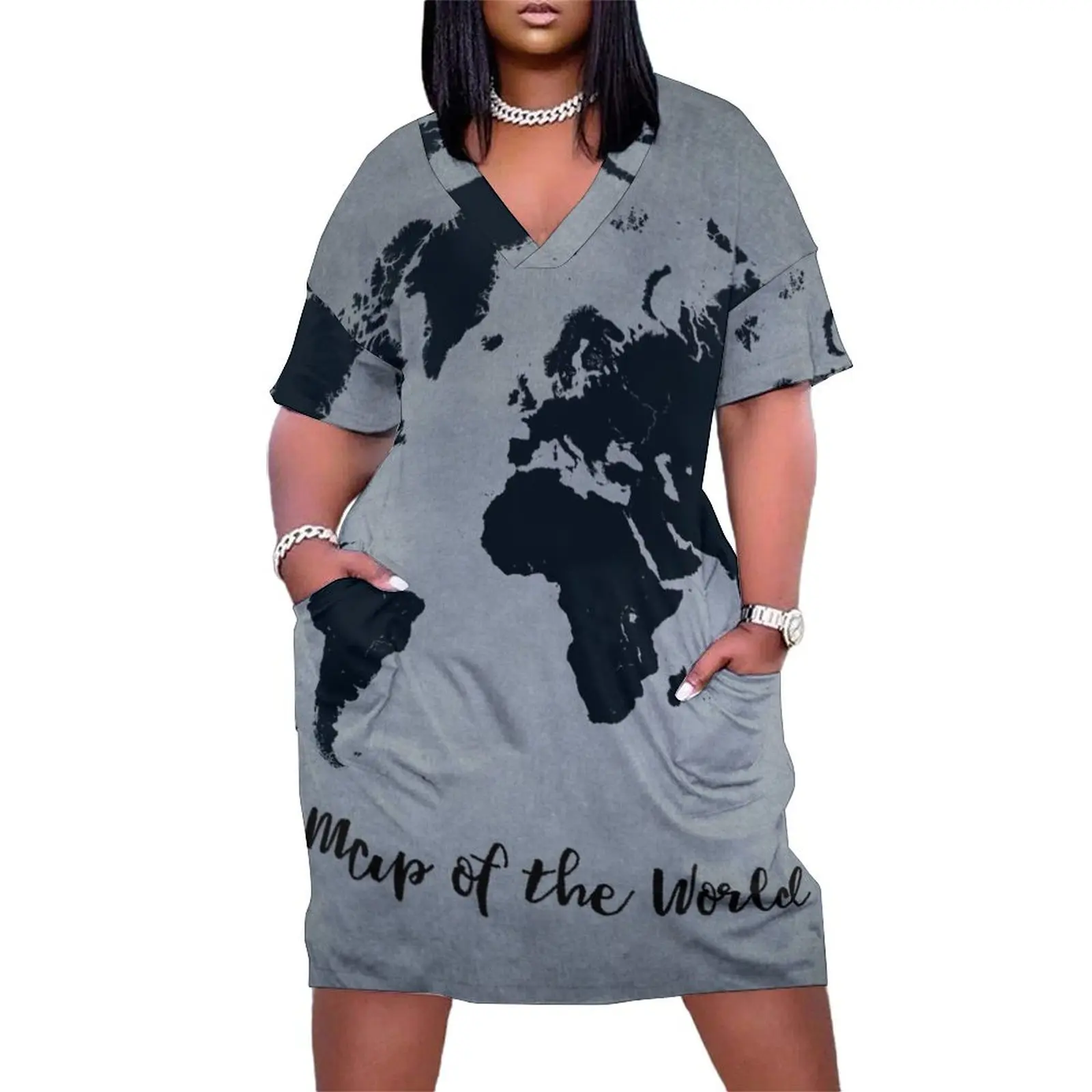 map of the world gray black #map Loose Pocket Dress women's summer jumpsuit Long dress