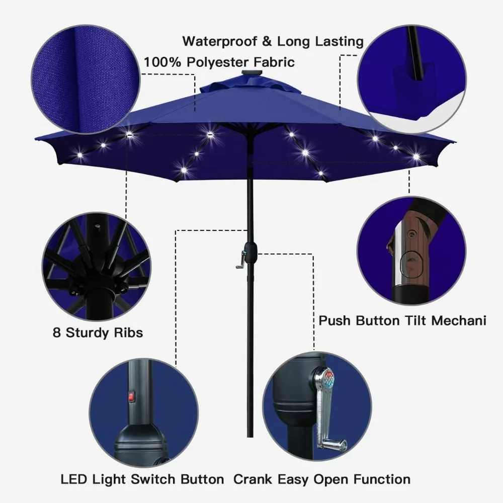 9' Solar LED Lighted Patio Umbrella with 8 Ribs/Tilt Adjustment and Crank Lift System (Navy Blue)，Shade Umbrellas