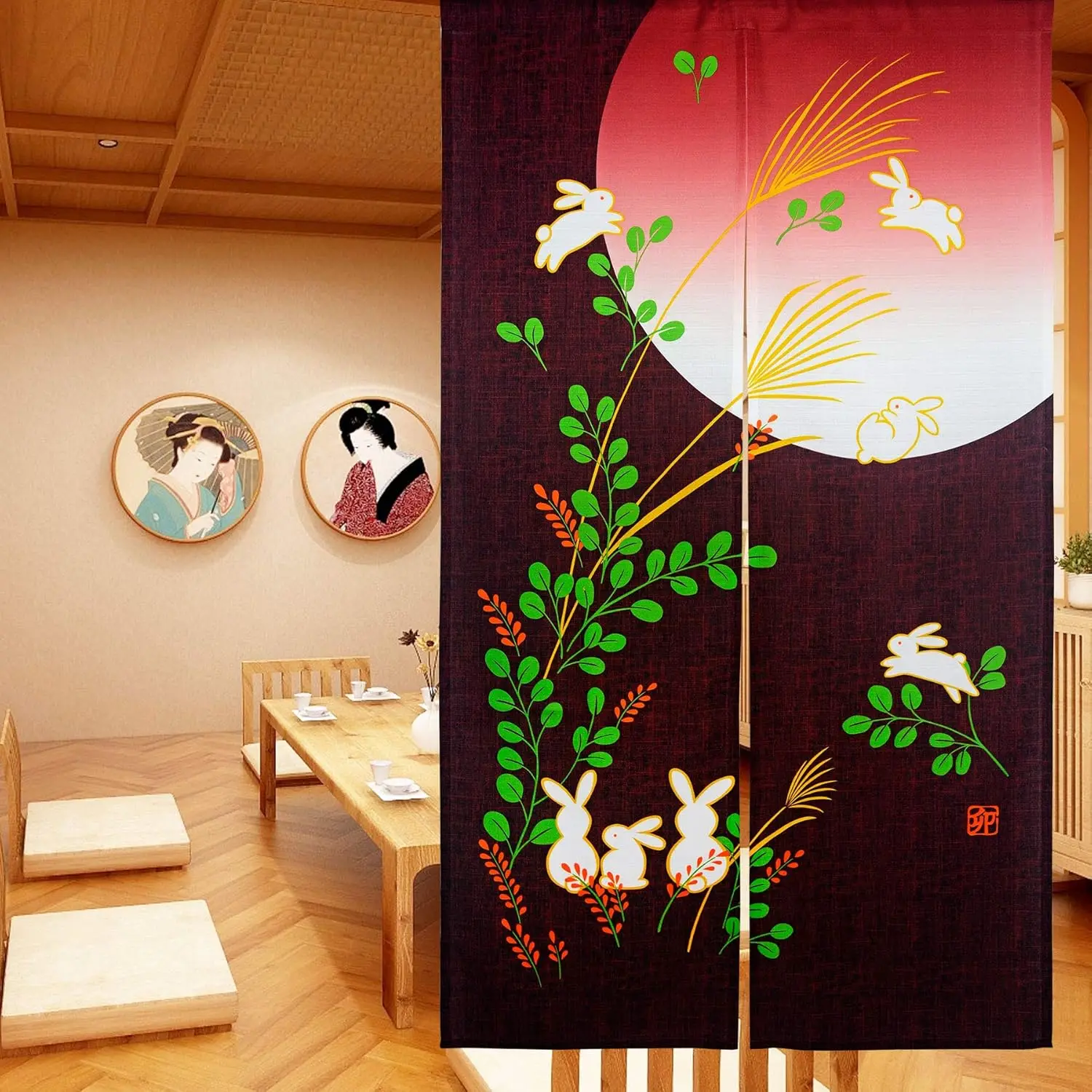 Japanese Moon Rabbit Door Curtain, Dark Red Background Moon, Rabbit & Autumn Grass Print, Oriental Auspicious Decor Room Divider