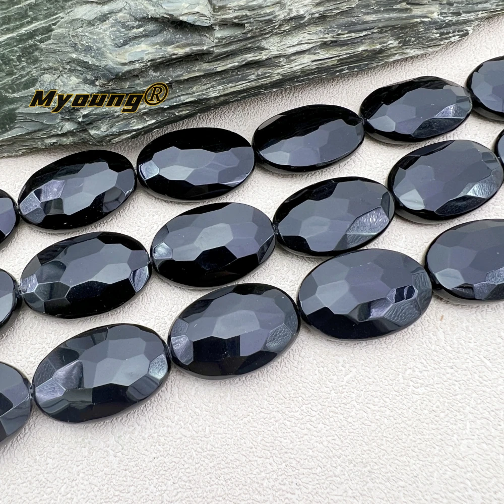 20x30MM 13PCS Large Faceted Oval Shape Natural Stone Black Obsidian Slice Focus Pendant Beads For DIY Jewelry Making MY240116