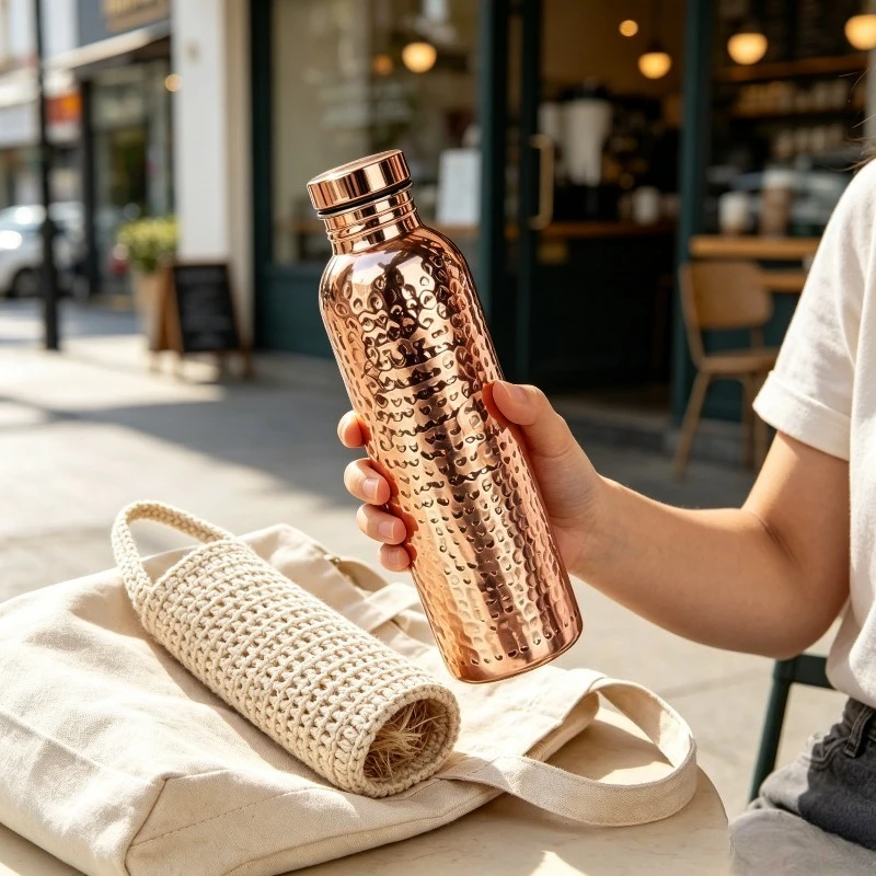 Hammered Copper Tone Stainless Steel Water Bottle With Crochet Carry Sleeve Home Kitchen Outdoor Travel Drinking Vessel