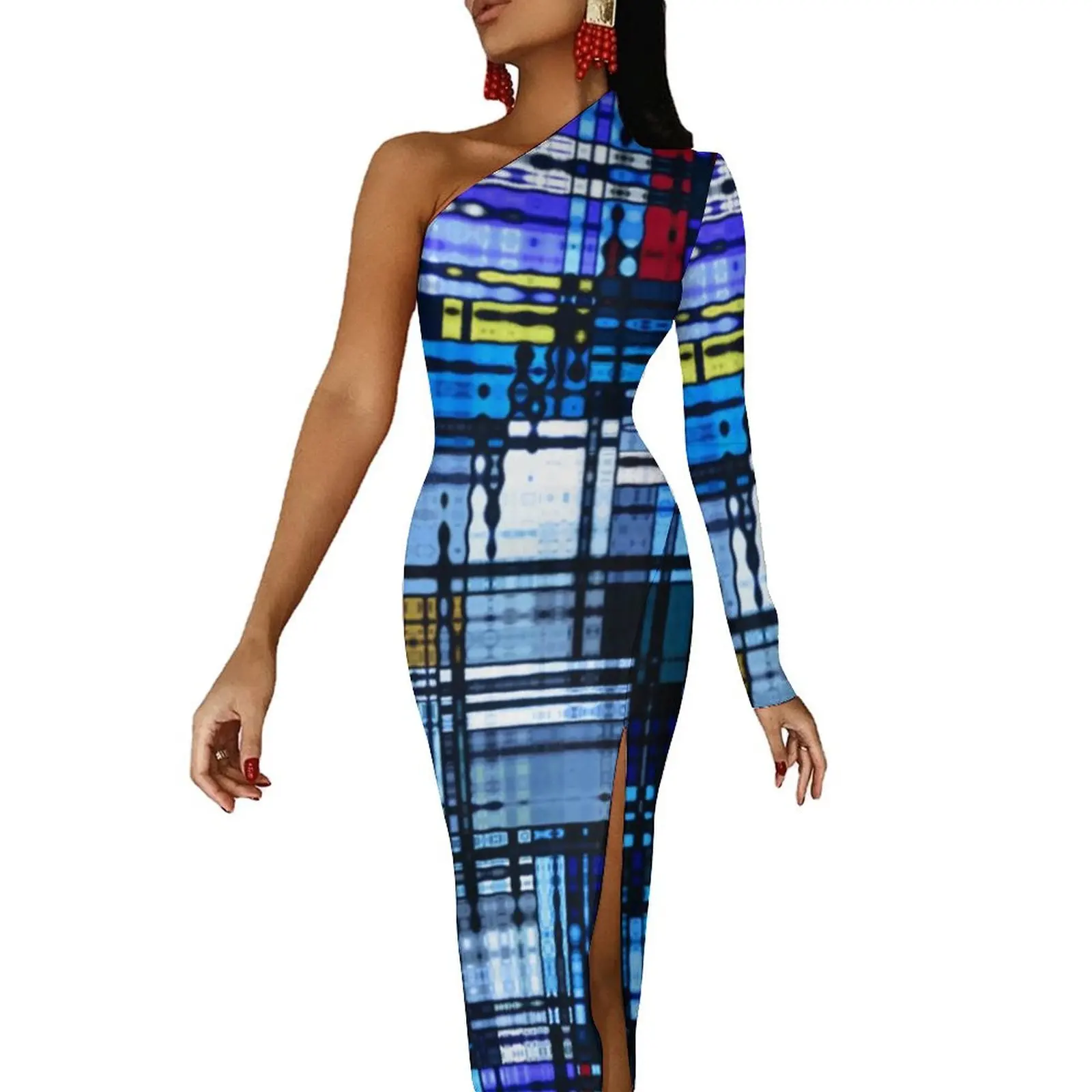 

Colorful Retro 60s Bodycon Dress Autumn Modern Abstract Print Sexy Side Split Long Dresses One Shoulder Custom Party Dress