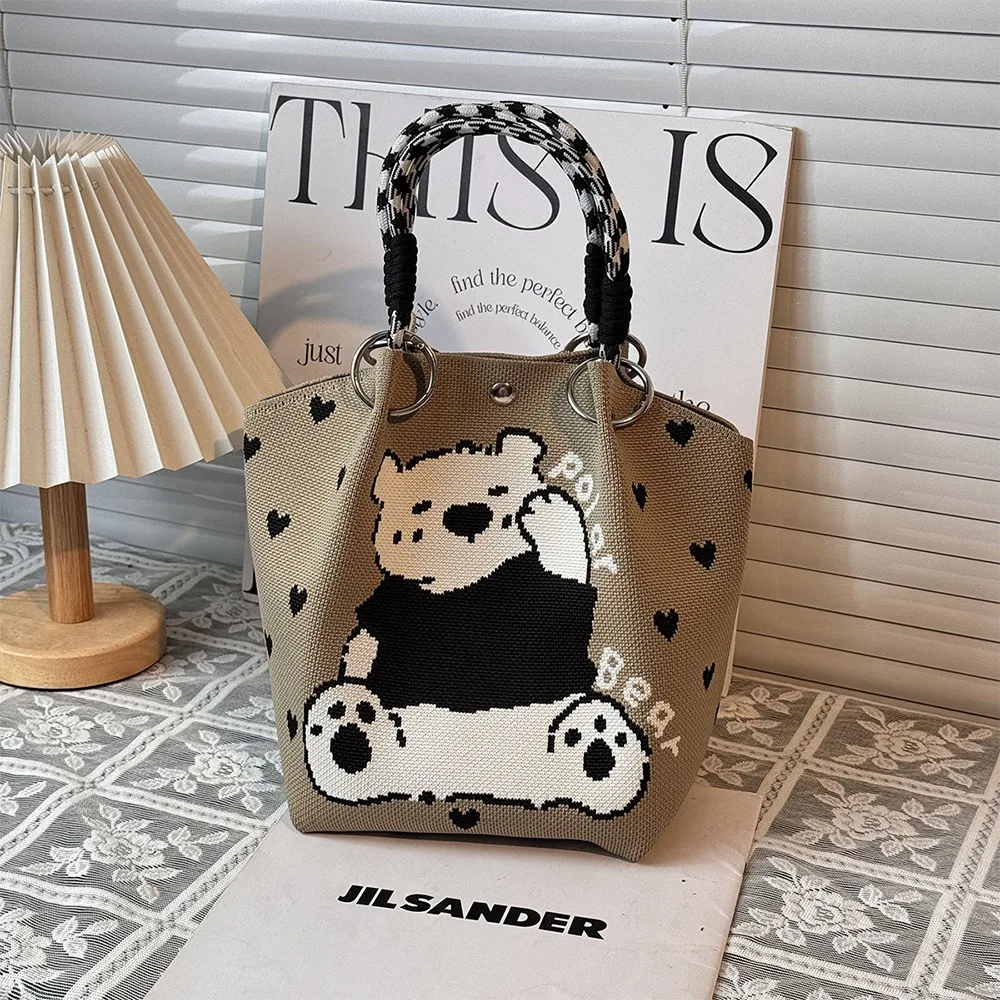

Portable Cartoon Knitted Bucket Bag Large Capacity Handmade Shoulder Bag Woven Ring Buckle Wrist Bag for Women Girls