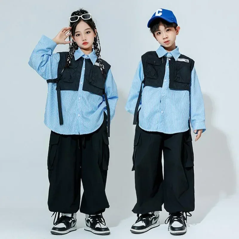 Kid Hip Hop Blue Straps Oversized Shirt Top Lace up Casual Cargo Jogger Pants for Girl Boy Jazz Streetwear Dance Costume Clothes