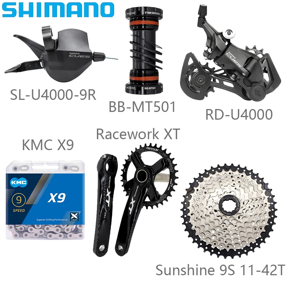 SHIMANO U4000 9 Speed Bicycle Derailleur Kits KMC X9 Chain Racework XT Crankset Sunshine 11-42/46/50T Cassette Bicycle Parts