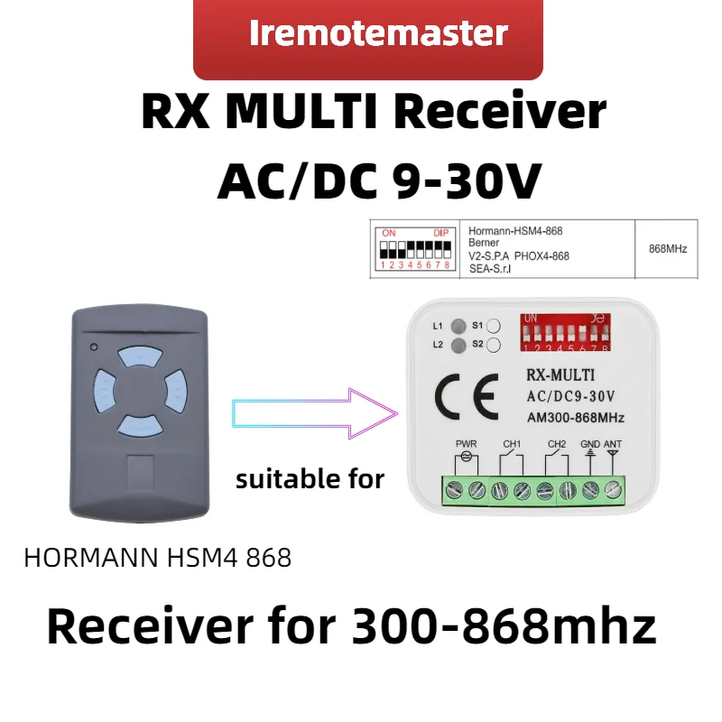 RF wireless multiband MULTICODE rolling/FIXED code 300-868MHZ receiver for garage doors and gates for hormann hsm4 868mhz remote