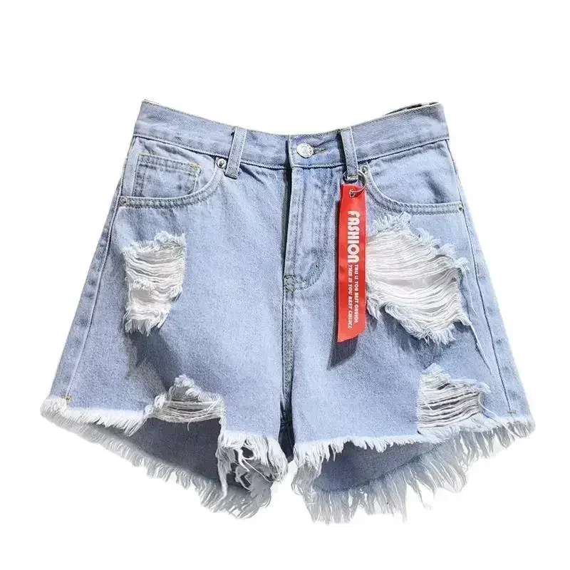 Large Size Denim With Ruffled Shorts Women's Summer High Waisted Loose Hole Wide Leg Student A-line Hot Pants Basic Short Jeans