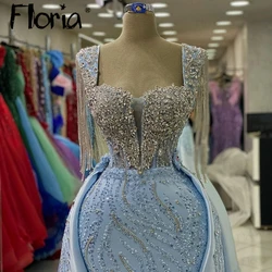 Floria Long Tassels Light Blue Formal Prom Dress for Women Wedding 2024 Detachable Train Beaded Satin Evening Party Gowns Arabic