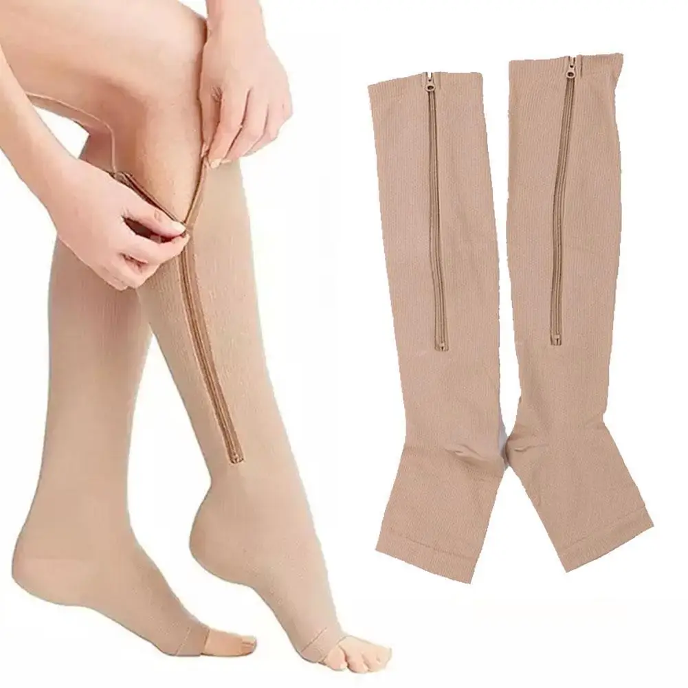 Compression Socks Men Women Leg-Support Knee Zipper Thin Open Toe Slim Sleeping Anti Fatigue Stretchy Sox High Socks Unisex