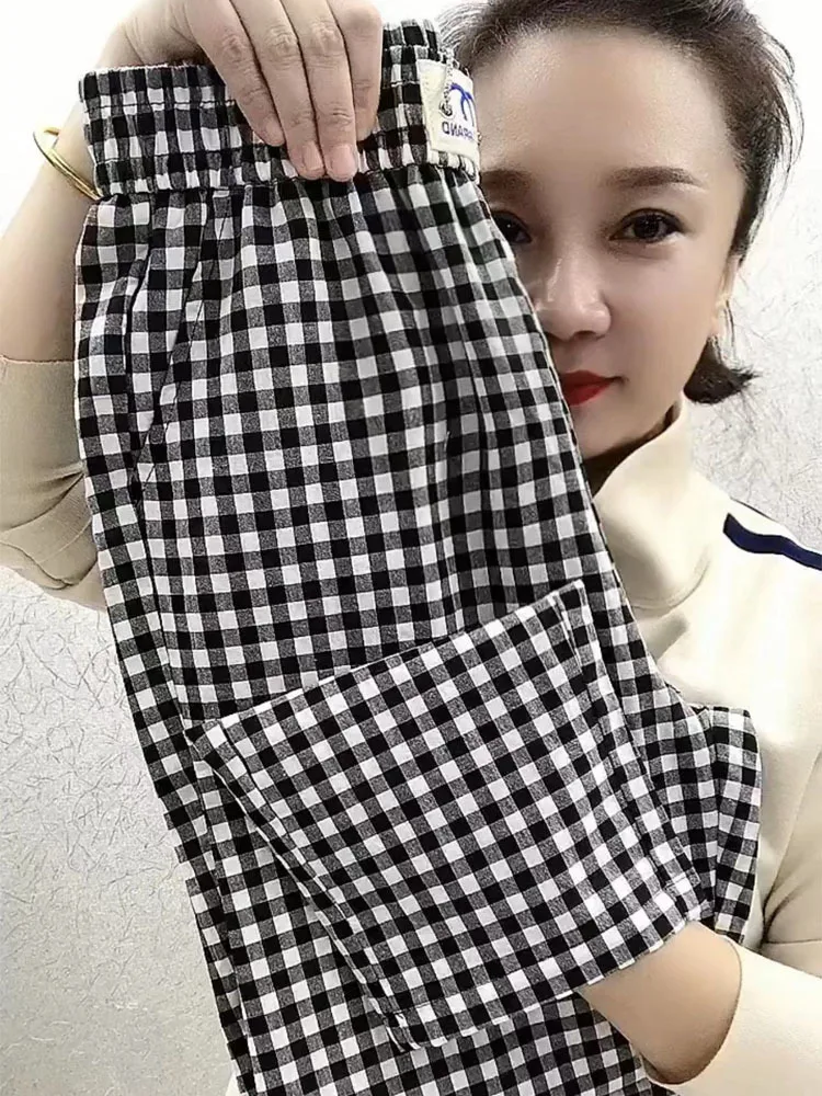 

Cotton Linen casual loose Vintage Plaid Harem Pants Harajuku Woman 2024 Trousers Elastics High Waist Pants Korean Straight Pants