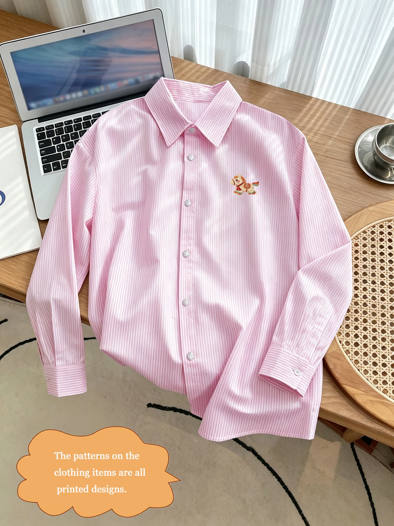 Korean-Style Trendy Men's Spring-Autumn Lightweight Casual Long-Sleeve Striped Shirt with Playful Cartoon Pony Print Design