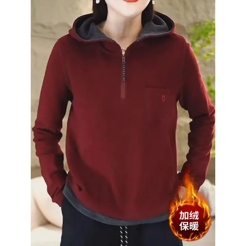 Double-sided Fleece Fake Two-piece Hooded Sweatshirt for Women in Autumn and Winter New Color-blocking Bottoming Shirt Warm Top