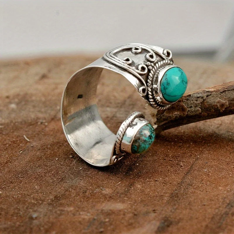 Vintage Wrap Ring Silver Plated Delicate Carving On The Surface Inlaid Turquoise Boho Style Jewelry Match Daily Outfits