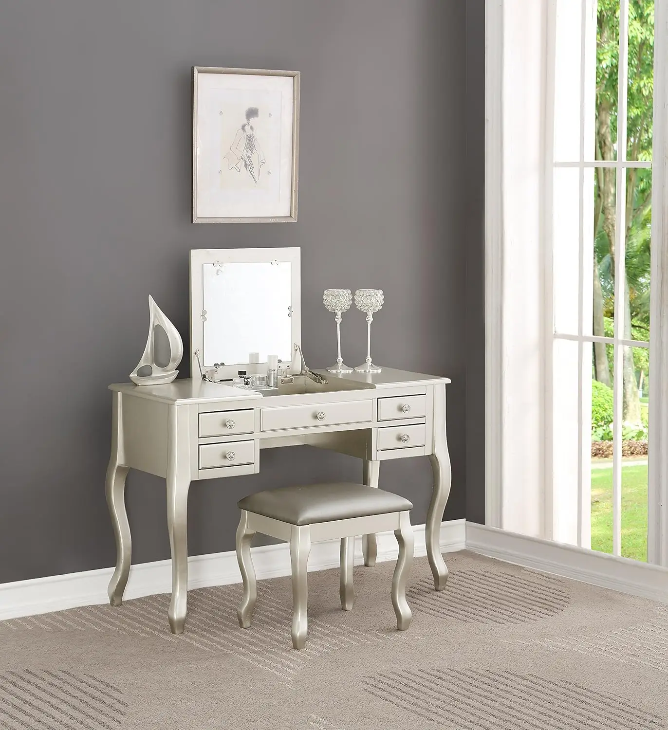 F4145 Bobkona Cailyn Flip Up Mirror vanity Set with Stool in Silver Work like a writing desk 2025 NEW