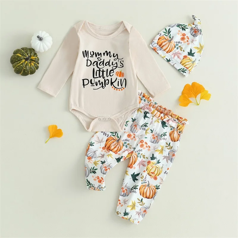 

-18M Newborn Girls Halloween Dress Alphabet Print Long Sleeve Pumpkin Pants Knot Hat 3 Pieces Beige Costume Set