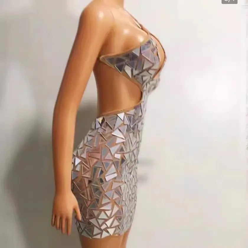 Costume da spettacolo di compleanno con paillettes scintillanti a specchio Mini abito da gala da donna sexy senza maniche Abito da cerimonia Donna Abito da ballo di lusso