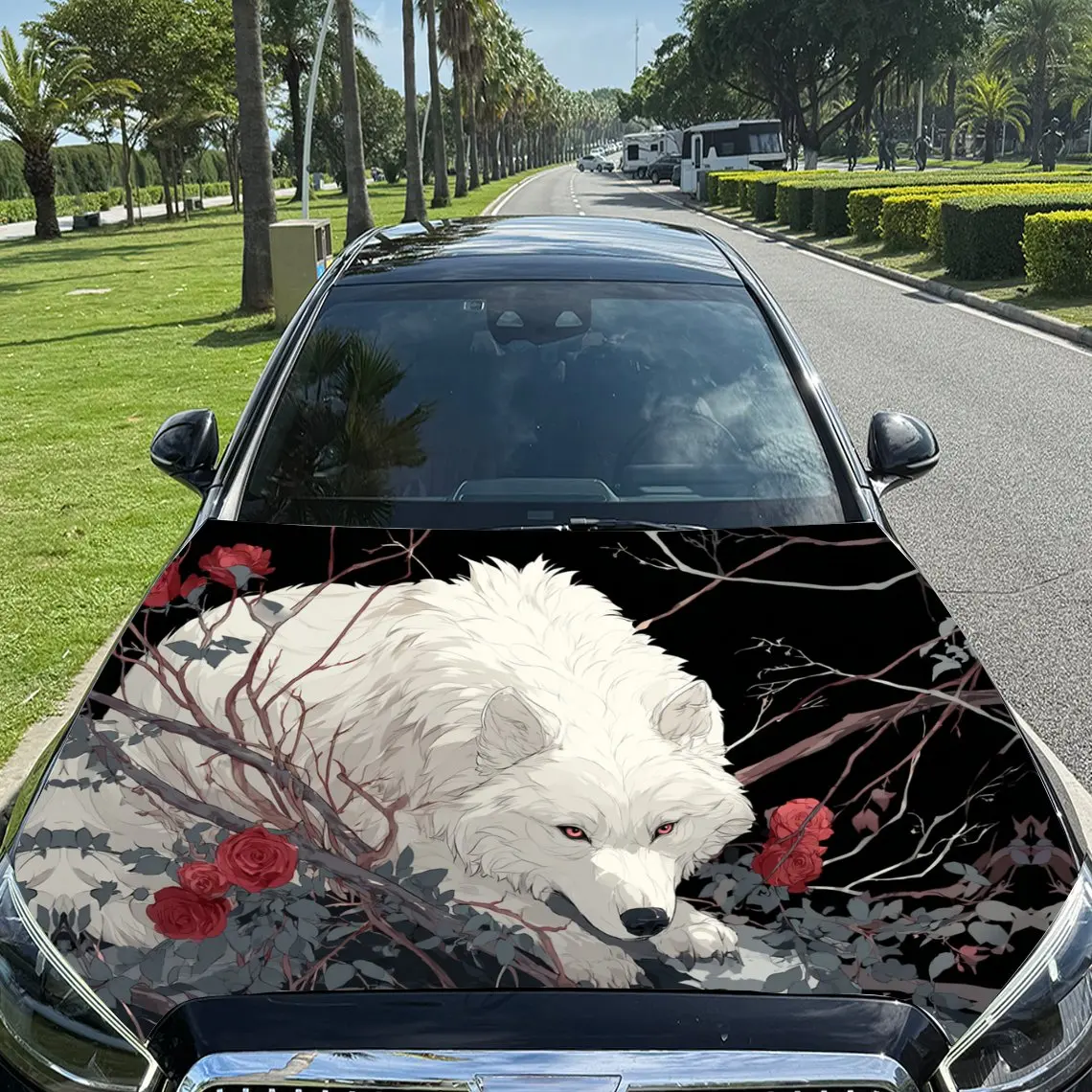 

White Wolf Rests in Rose Grove Car Vinyl Wrap, PVC Material Waterproof Car Hood Sticker, Self-Adhesive Scratch-Resistant Sticker