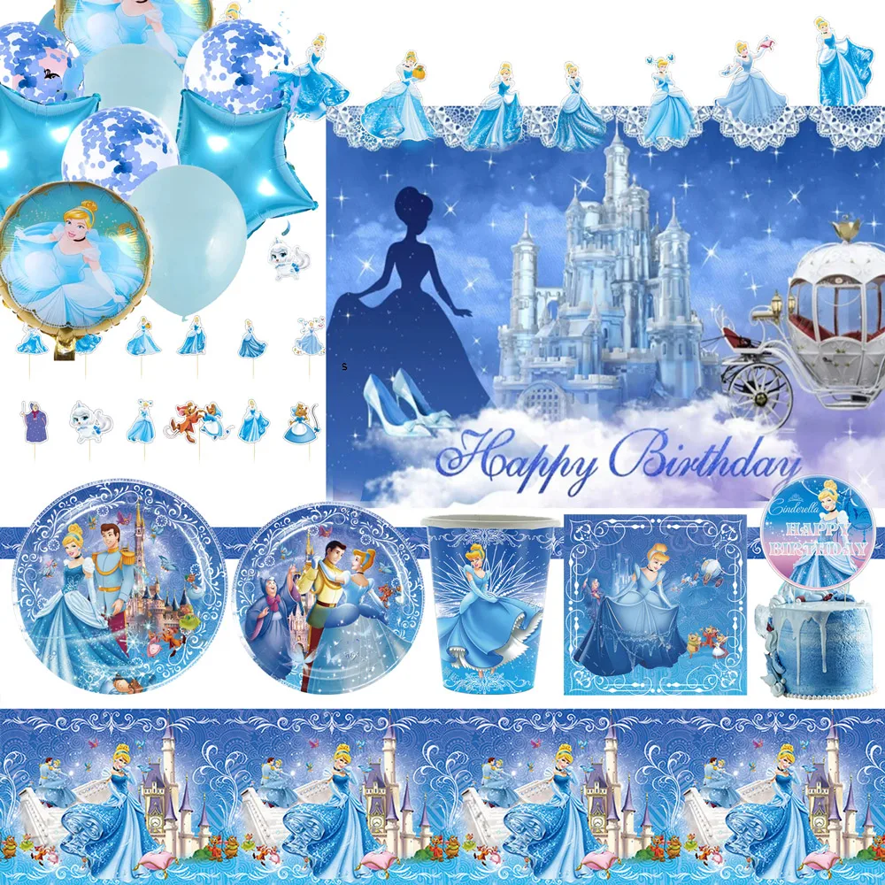 

Cinderella Princess Theme Birthday Party Disposable Cutlery Balloons Cups Plates Background Baby Shower Girls Party Supplies