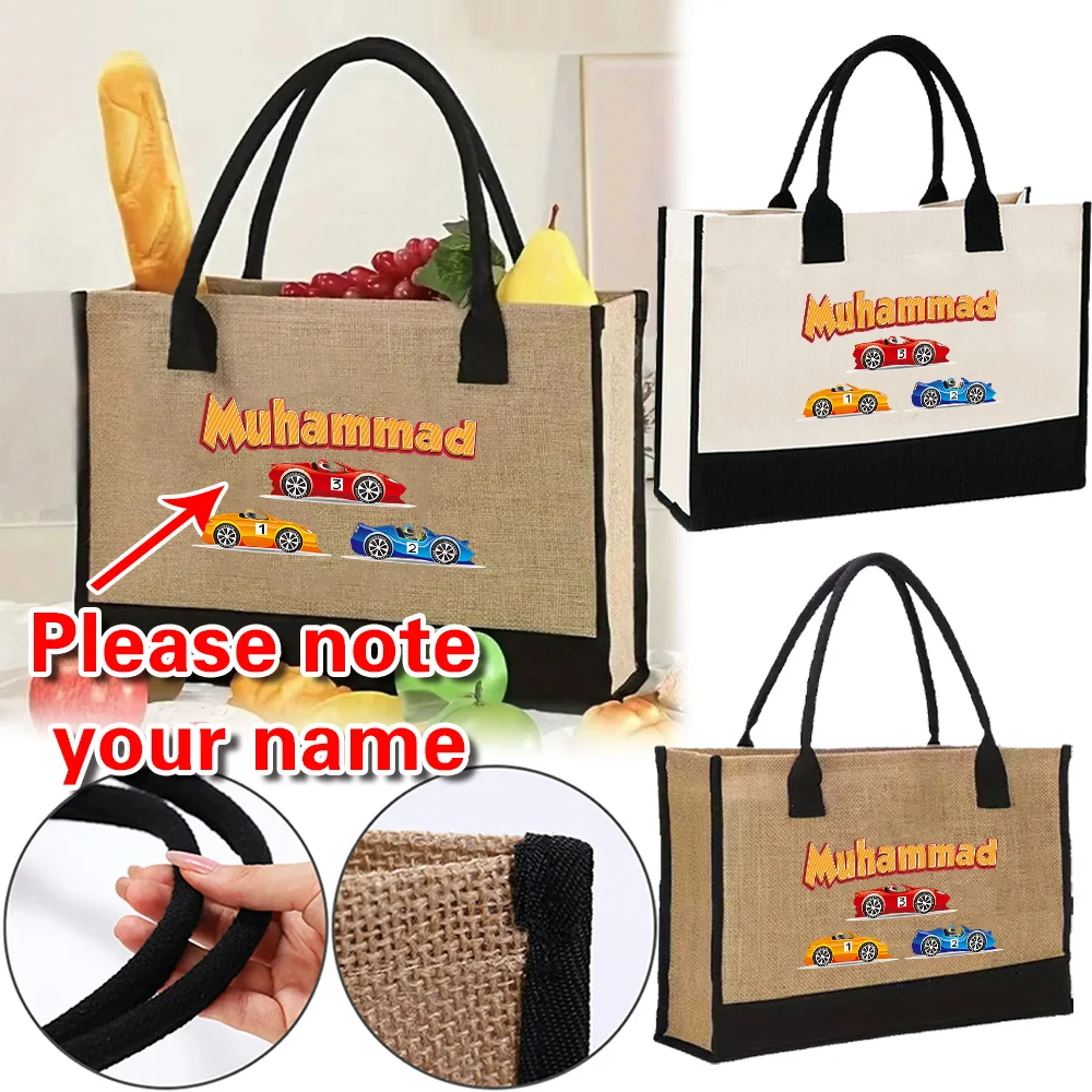 Personalized Customized Name Linen Shopper Tote Vintage Women Shopping Bags Summer Beach Portable Eco Large Fashion Handbags