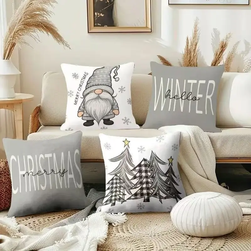 VIKAMA 4Pcs Classic Red Xmas Pillow Covers Snowman Reindeer Home Sweet Home Print Cushion Cases for Couch Holiday Home Decor