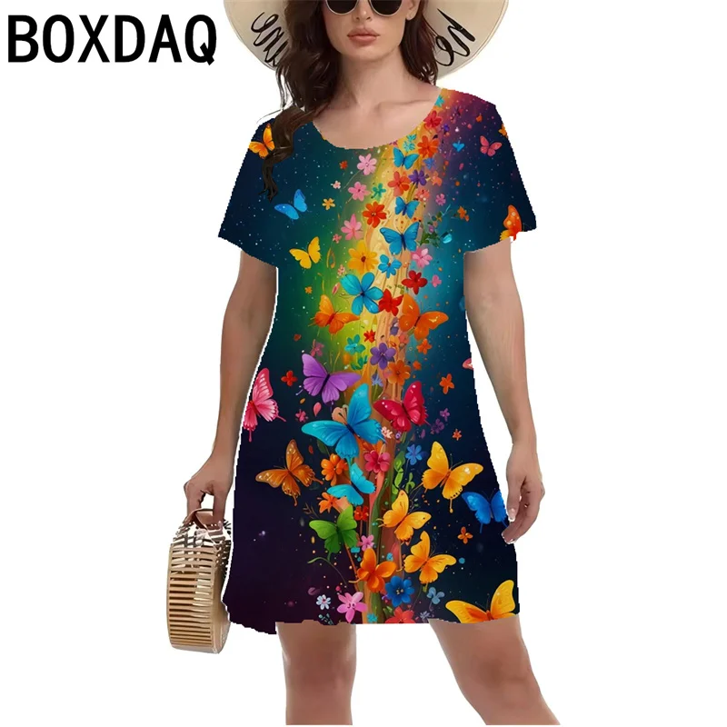 

3D Colorful Butterfly Printed Dress Summer Short Sleeve O-neck Casual A-Line Dresses Fashion Lady Beach Vacation Dress Vestidos