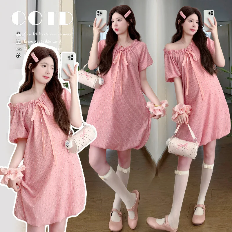 

Летнее платье для беременных 2026: милое, розовое, в горошек, с бантом, с коротким рукавом, для невысоких беременных женщин