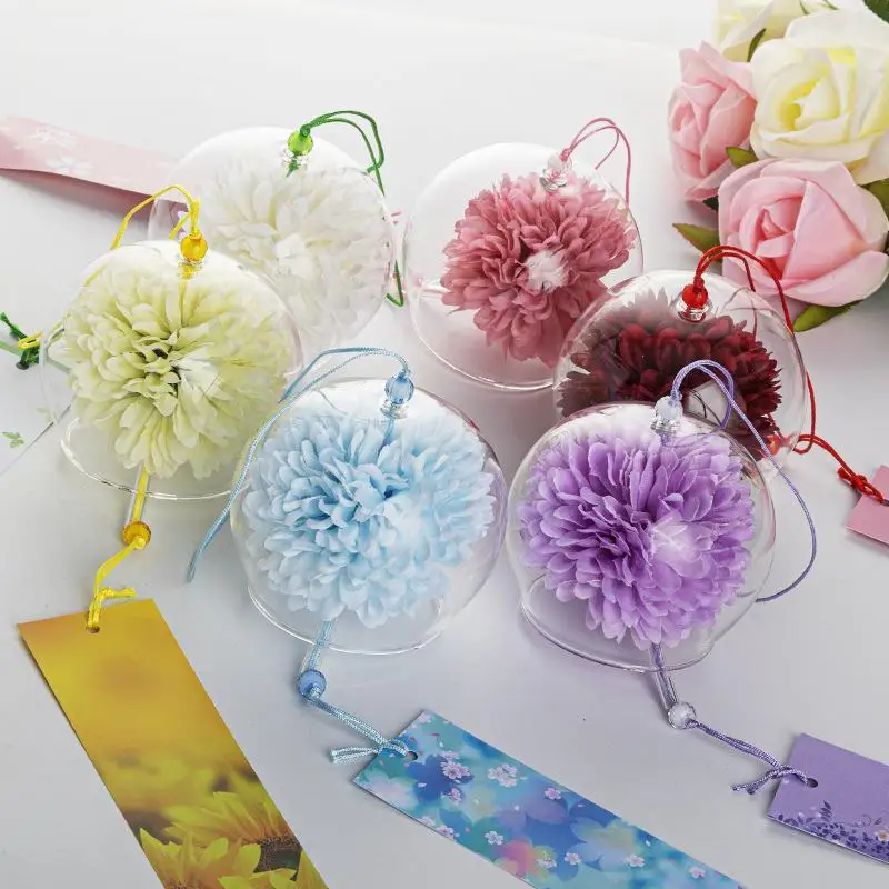 Japanese Glass Wind Chime with Lifelike Artificial Flower Weather Resistant Hanging Decor for Window Home Garden Yard