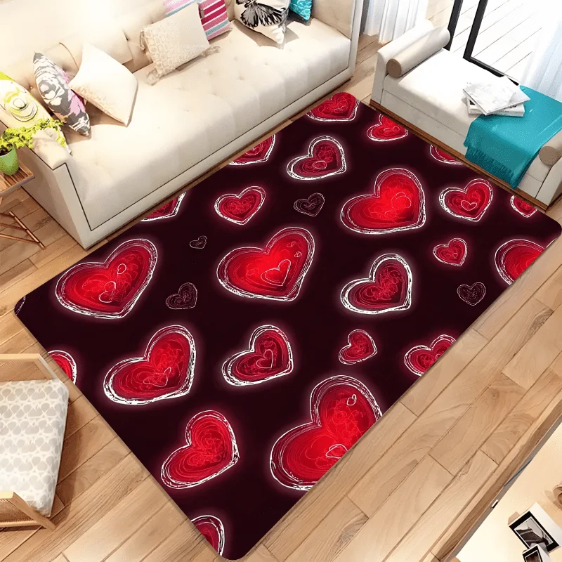 Red Heart Flannel Rug Romantic Love Pattern Floor Mat Soft Non-slip Area Carpet for Living Room Bedroom Home Decor
