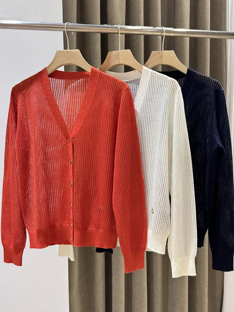 

Шелковый хлопковый полый вязаный свитер, женский простой солнцезащитный кардиган с кондиционером, длинный круглый свитер Ne