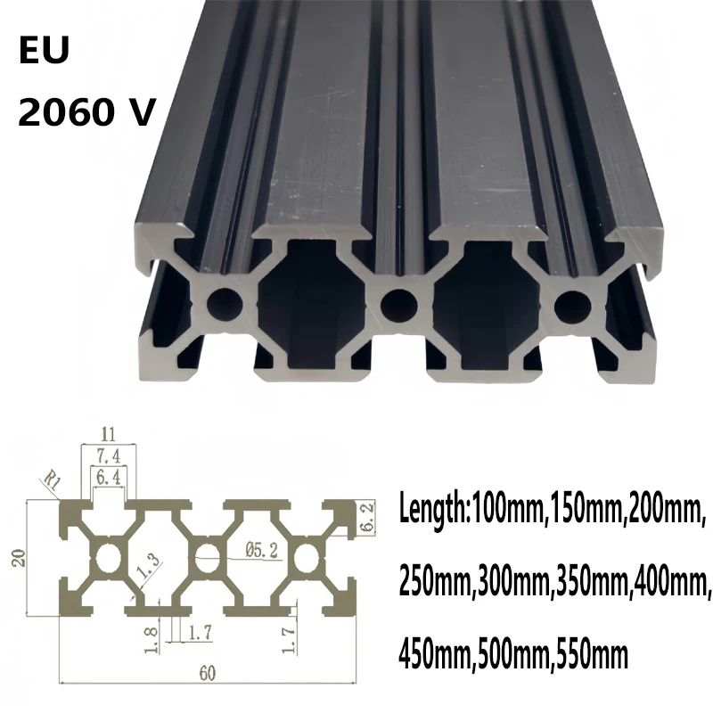1PCS 2PCS Black 2060 V-Slot European Standard Anodized Aluminum Profile Extrusion 100mm-550mm Linear Rail for CNC 3D Printer