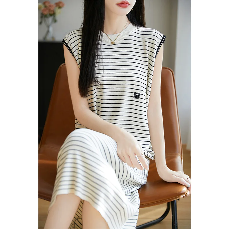 

Summer New Ice Silk Embroidered Vest Dress Women's O-Neck Loose Sleeveless Knitted Long Skirt Fashion Joker Thin Striped Skirts