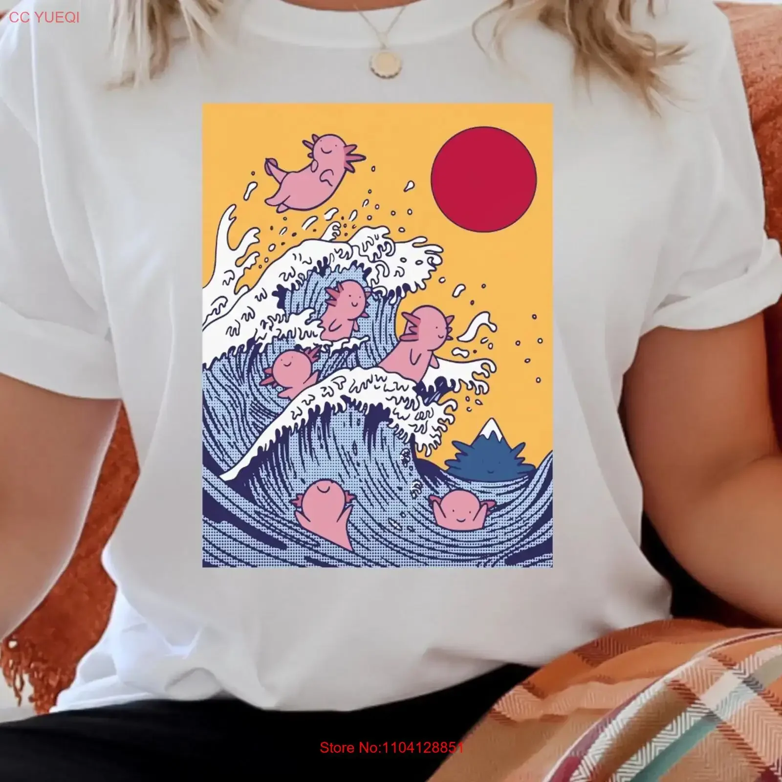 تي شيرت The Great Wave of Axolotls عتيق مغسول ومتعدد الاستخدامات قليلاً للجنسين مريح ملابس الشارع كاجوال قابلة للتنفس