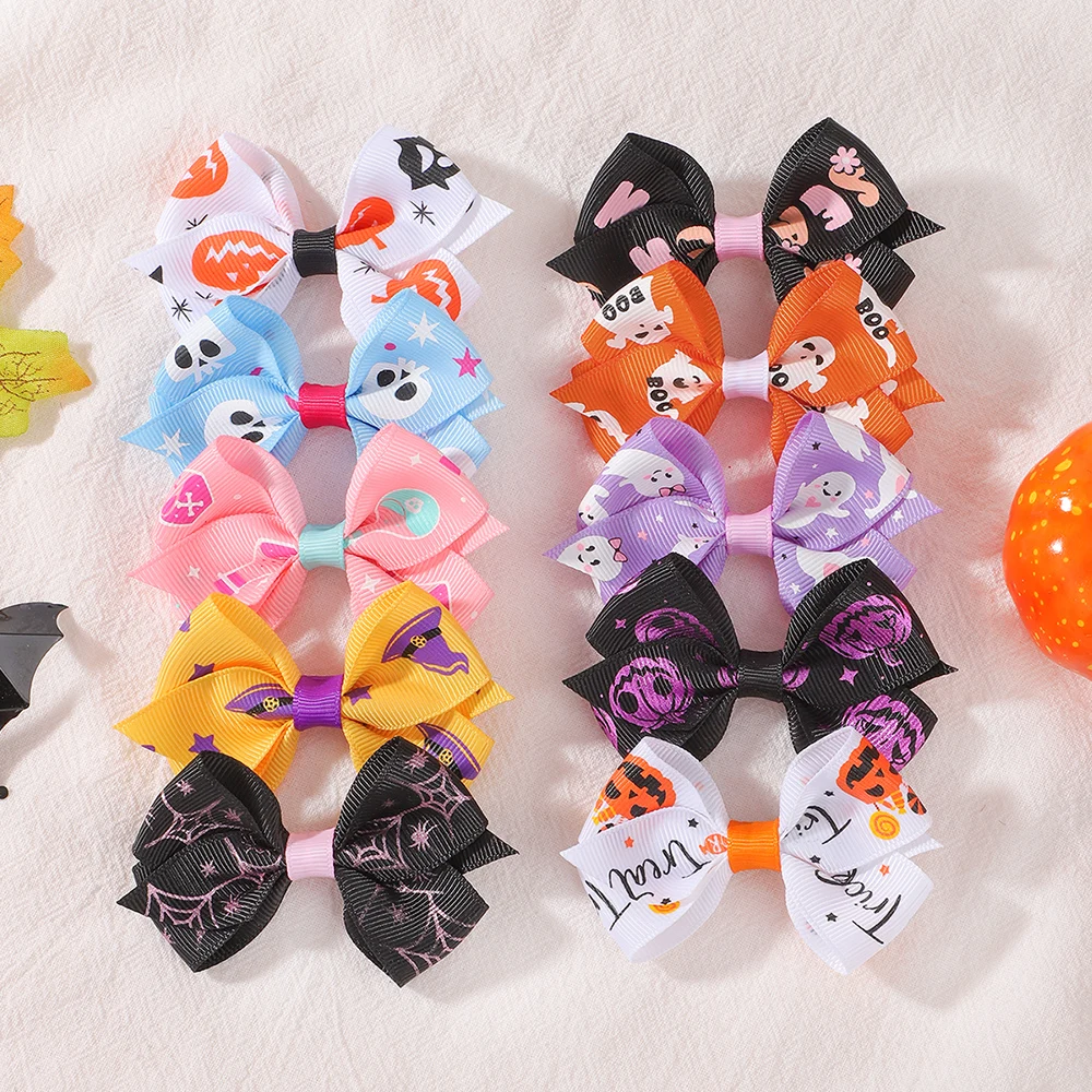 10Pcs/set Funny Bow Hair Clip Witch Ghost Ribbon Hairgipes Lovely Hair Bangs Hair Clip Halloween Party Barrette
