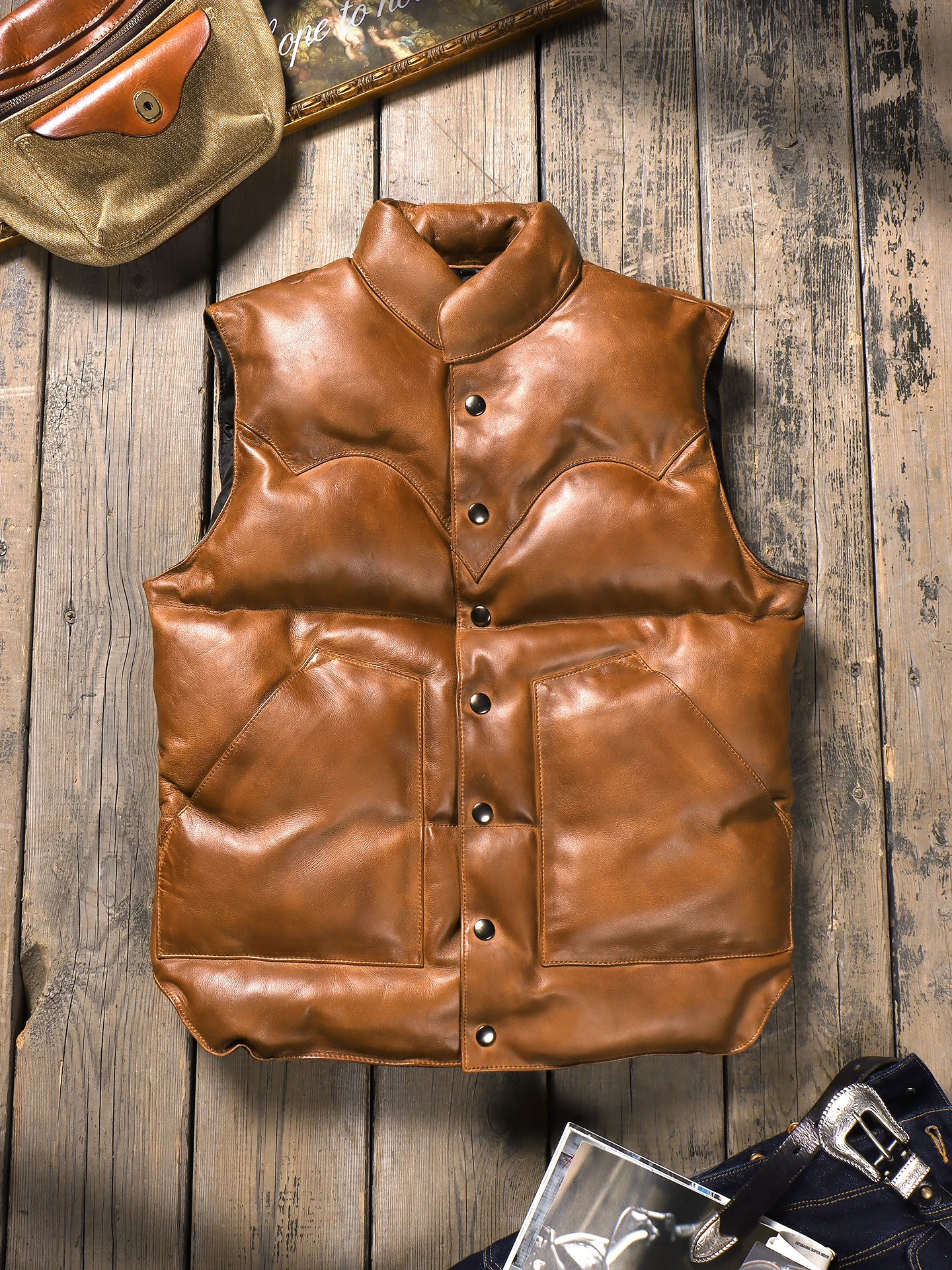 

Tailor Brando Top Grain Sheepskin Handaged Japanese Vintage Short Winter Warm Genuine Leather Vest