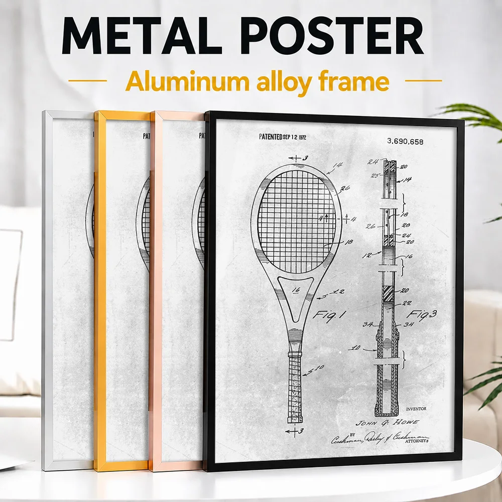 Vintage Tennis Racket Patent Framed Metal Print Customized Photo Warm Heritage Style Wall Art For Study Premium Collector Gift