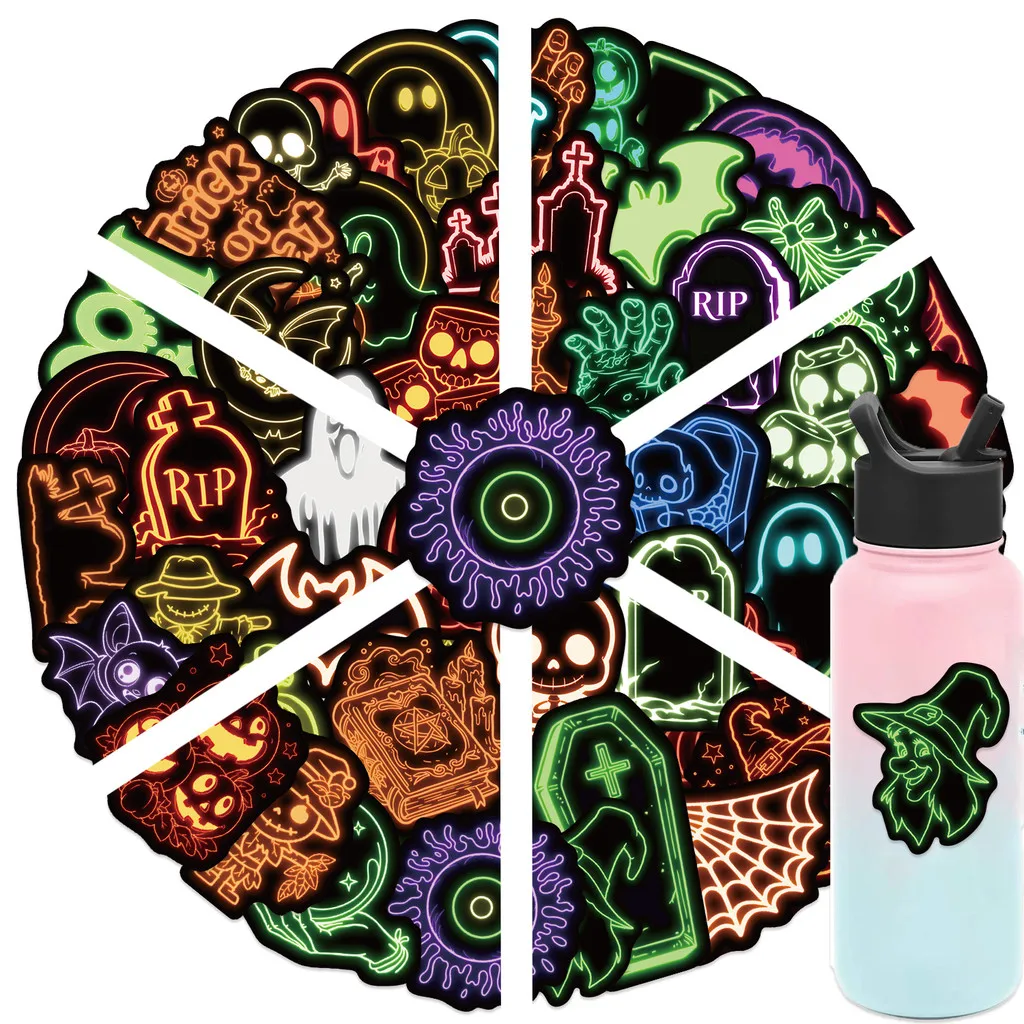 50-Piece Neon Halloween Stickers - Vibrant Decor for Hand Accounts, Luggage & Phone Cases